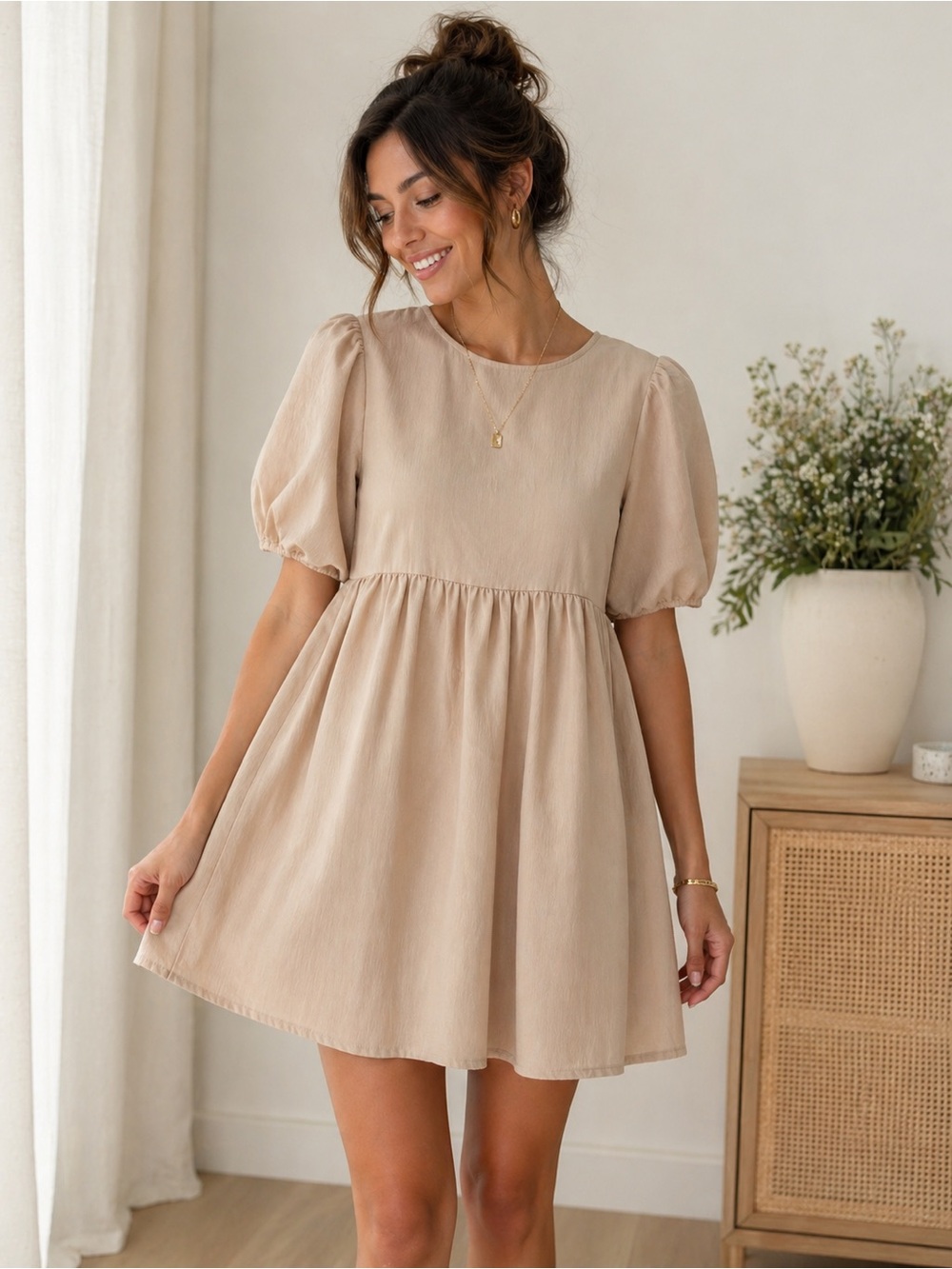 Neutral Beige Puff Sleeve Mini Dress
